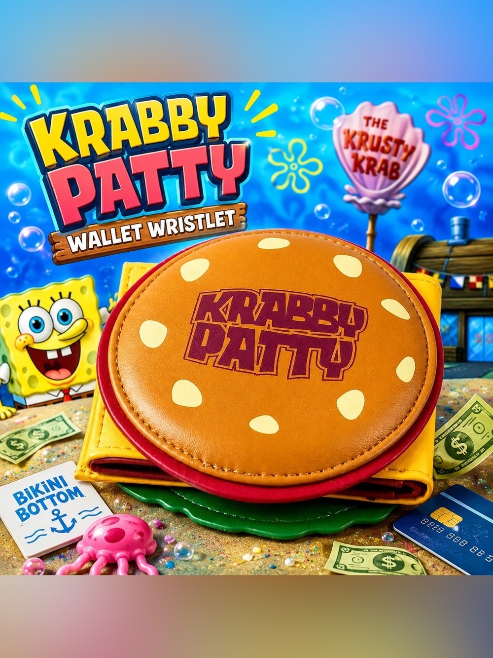 Krabby Patty Novelty Burger Clutch Wristlet in Brown and Yellow
